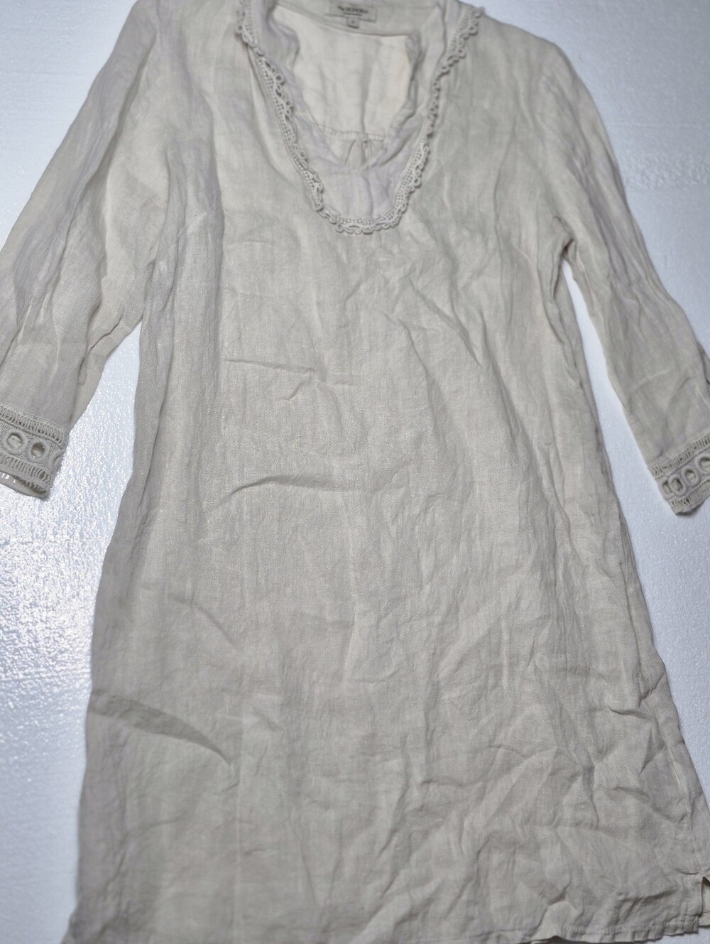 Via Signoria Italy Womens Small Linen Tunic Dress Cream Crochet Lace 3/4 Sleeve